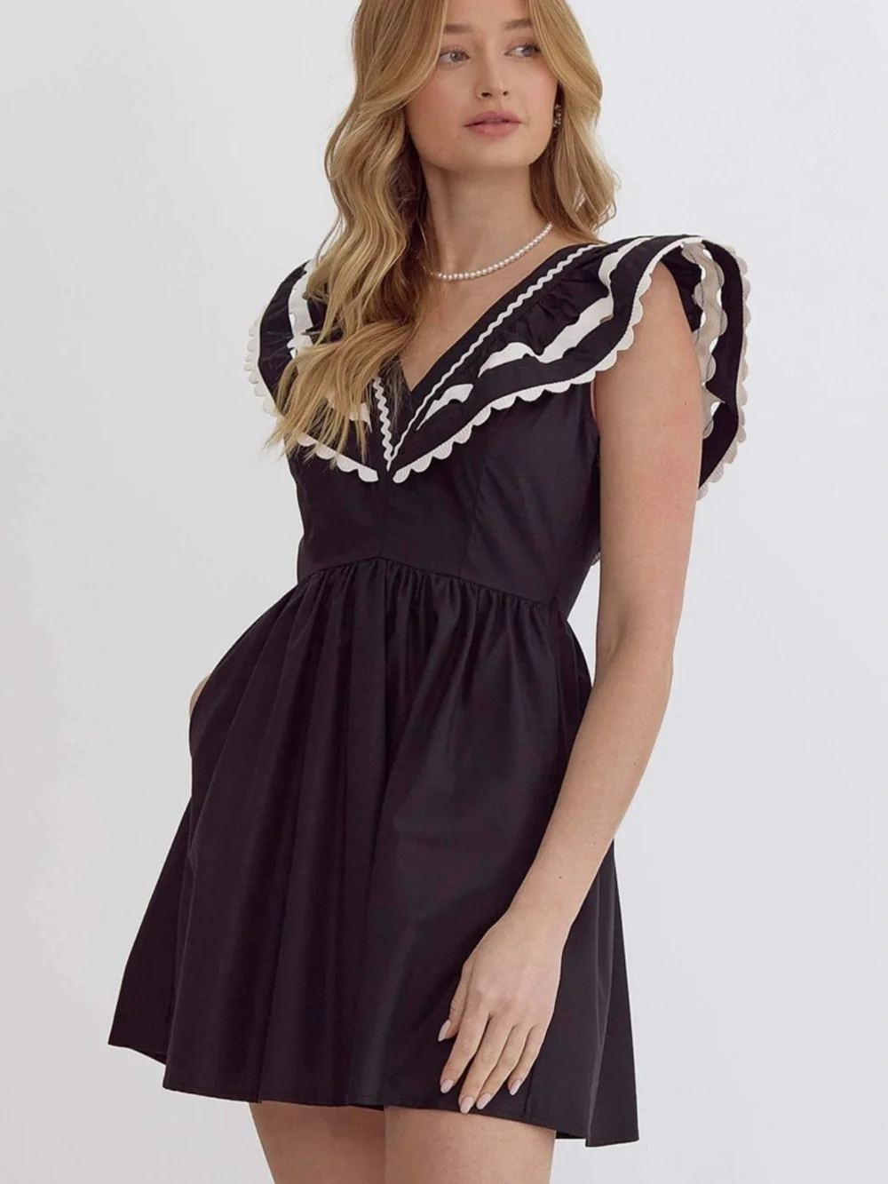 ENTRO Ric Rac Ruffle Mini Dress Black White Size Large NWT - Picture 3 of 15